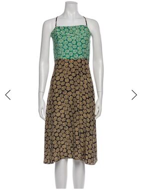 HVN 100% silk Nora Green and Black Daisy Spaghetti-Strap Midi Dress